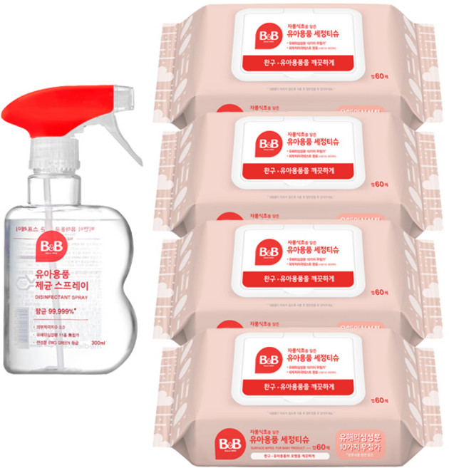 비앤비 자몽식초를담은 소독티슈 60매*4개+비앤비 제균스프레이 용기*1개