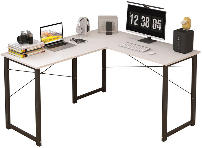 L型電腦桌 轉角辦公書桌, 白色黑腳架