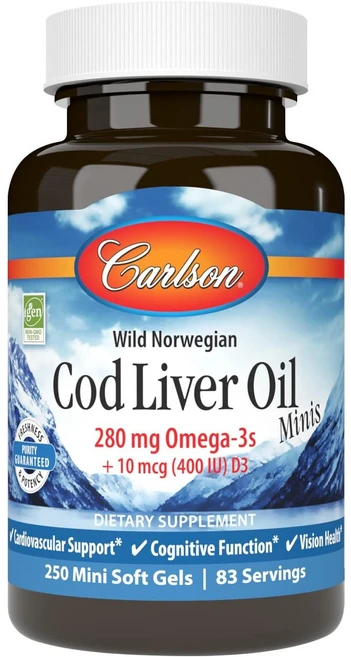 칼슨 와일드 노르웨이 코드 리버 오일 미니 소프트겔 250정, 1개 - 쿠팡