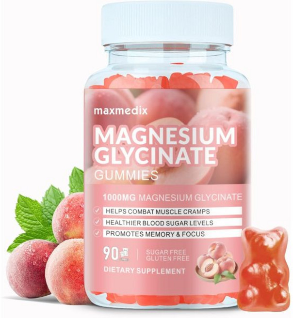 마그네슘 글리시네이트 구미 1000mg 무설탕 칼륨 씹어먹 젤리 성인용 L트레오네이트 포함 수면 신체 지원 이완용 딸기 맛 maxmedx, 복숭아