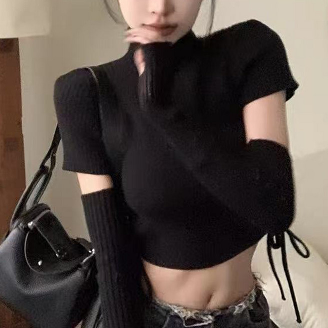 cammello 반팔 니트 핸드워머 세트 반폴라 크롭티 니트티 연말룩