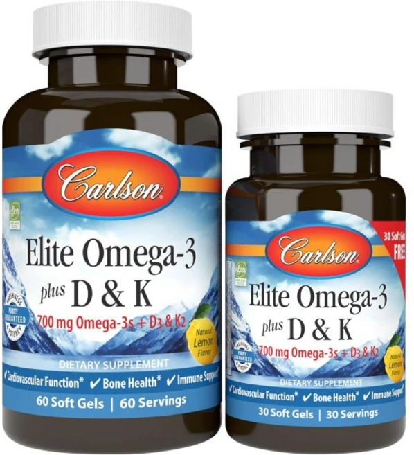 Carlson - Elite Omega-3 Plus D & K 700 mg Omega-3s + D3 & K2 Function Bone Health & Support Le, 60 30 Soft Gels, 1개, 60정 - 쿠팡