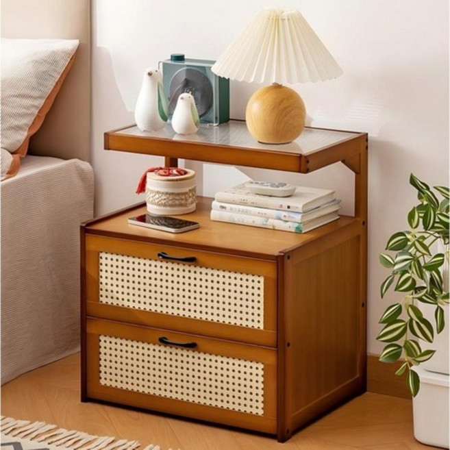 라탄 디자인 원목 협탁 침실 수납장 내추럴 모던 침대협탁, 1개, 브라운