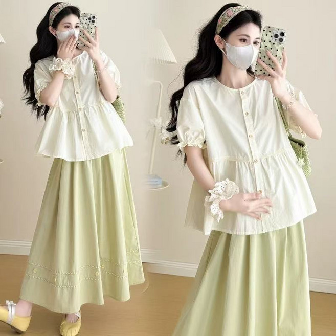 임산부 여름 롱스커트 세트 임부 루즈핏 반팔 셔츠 + a라인 롱치마 캐주얼 임부복 상하의 세트 LCL