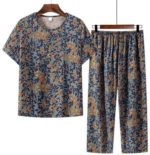 媽媽時尚短袖印花休閒套裝女薄款大碼睡衣家居服