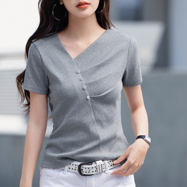 이매력 여성 언발란스 브이넥 슬림핏 티셔츠 여성스러운 골지 혼면 심플 반팔티셔츠 YL52053