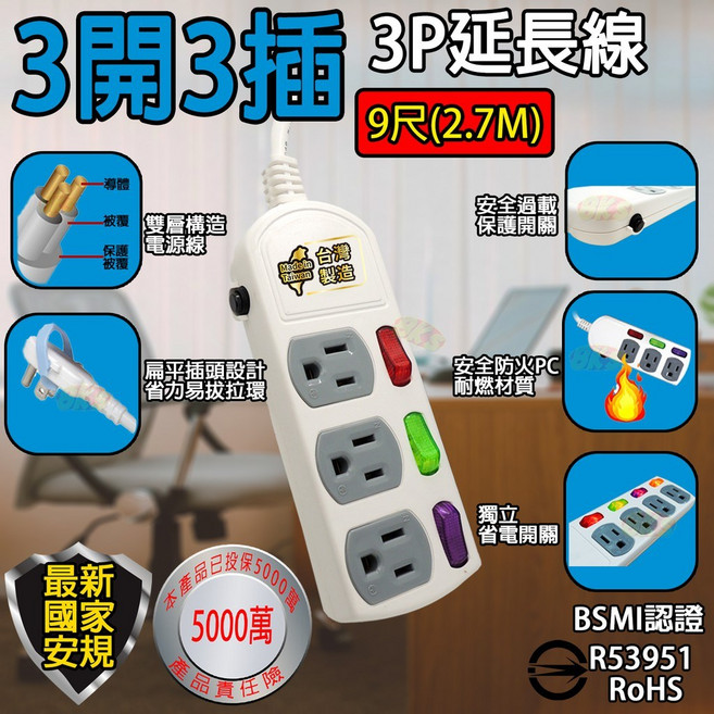 《台灣製造》新安規 3P電腦 安全過載自動斷電BSMI字號R53951, 1個, 3開3插9尺2.7M延長線(扁平插頭), 白色, 270cm