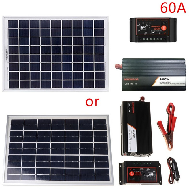 18V 20W 태양 광 패널 전원 시스템 + 12V / 24V 디지털 컨트롤러 + 야외 주택을위한 1000W 인버터 키트, 60a, 1개