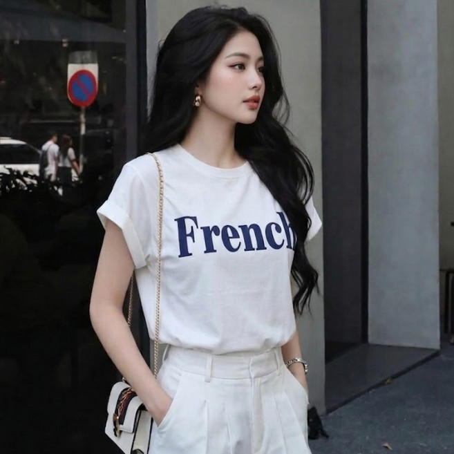 루미솔 프렌치 레터링 루즈핏 티셔츠 여성용 반팔 냉감 오버핏