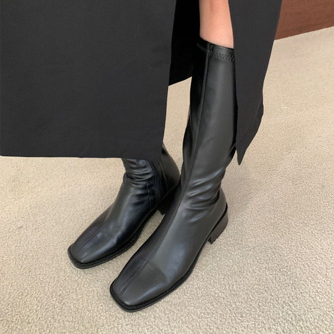 스판 미들부츠 스퀘어 통굽 하프부츠 4.5cm