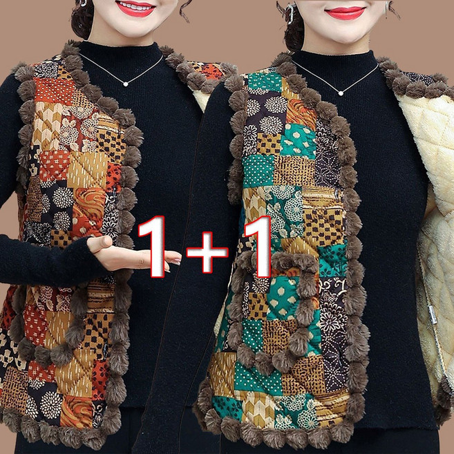 셀럽당1+1엄마 겨울 가을 겨울 따뜻한 중장년 도톰 꽃무늬 털조끼