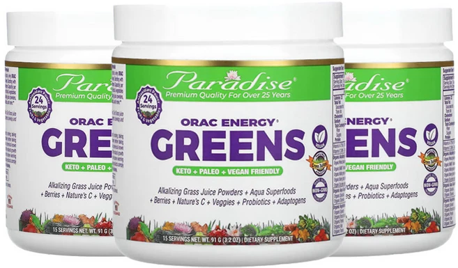 [2+1] 파라다이스 허브 ORAC 에너지 그린 슈퍼푸드 강황 커큐민 클로렐라 고약사 91g 3개 Paradise Herbs ORAC-Energy Greens, 3팩 - 쿠팡