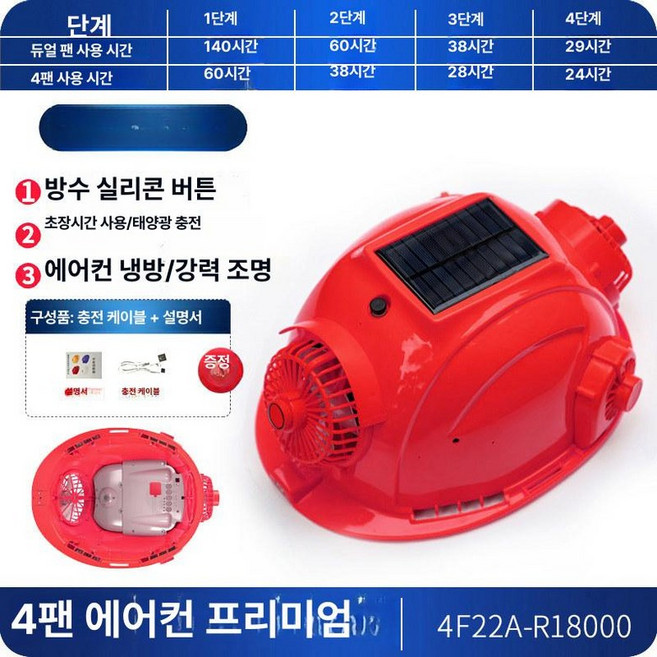 선풍기 안전모 스마트 여름용 햇빛 가리개 하이바 충전, 1개, 레드 디럭스 포팬에어컨태양광 140시간