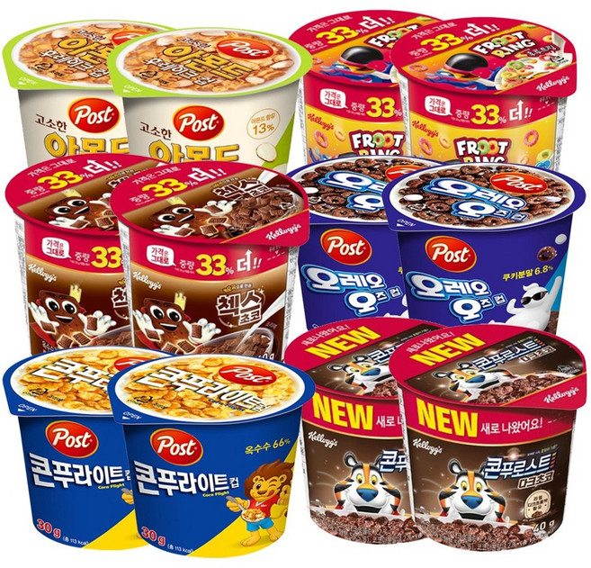컵시리얼 12개입 (후르트링 2개+콘푸로스트 다크초코 2개+첵스초코 2개+콘푸라이트 2개+아몬드 후레이크 2개+오레오 2개), 180g, 1개