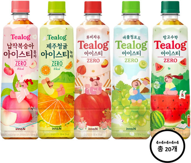 티로그 아이스티 제로 (납작복숭아 제주청귤 루비자두 애플청포도 망고수박) 500ml 각 4개씩 총 20입, 20개