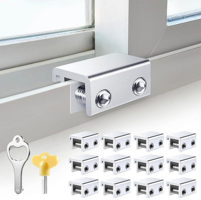 Sliding Window Locks (12 Sets) Security Window Locks with Keys Adjustable Aluminum Sliding Windo, 실버
