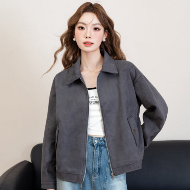 봄 가을 여성 스웨이드 코트 캐주얼 간절기 코트 루즈핏 기질 여자 차이나넥 숏 점퍼 LPC