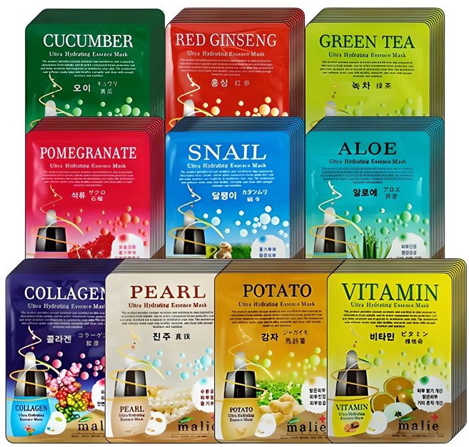 마리에 에센스 마스크팩 100매 콜라겐 달팽이 진주 알로에 석류 홍삼 로얄젤리 비타민 감자 녹차, 1개, 100개입