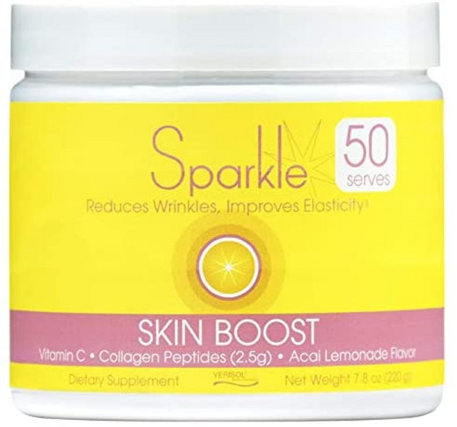 Sparkle Skin Boost No Flavor Verisol Collagen Peptides Protein Powder 비타민 C 보충 음료 2.8oz, 50-서브, 아사이 레모네이드, 1개
