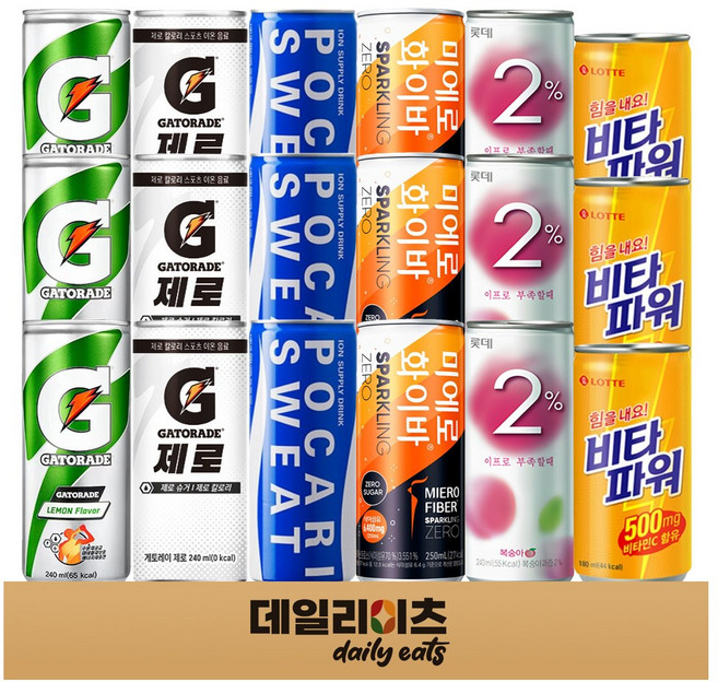 에너지 이온음료 캔 6종 18개 (이프로 포카리스웨트 게토레이레몬 게토레이제로 미에로화이바 스파클링제로 비타파워), 1박스, 240ml