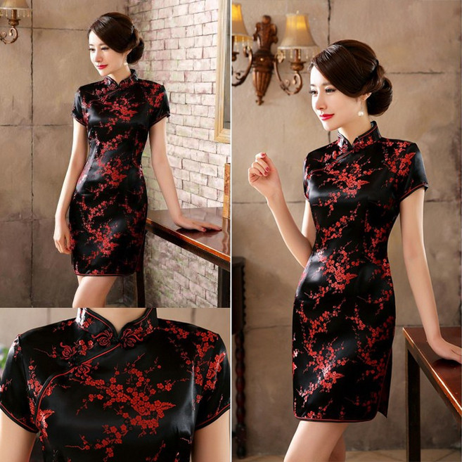 黑紅色氣質梅花短旗袍 復古中國風繡花綢緞改良中式洋裝, 黑紅色