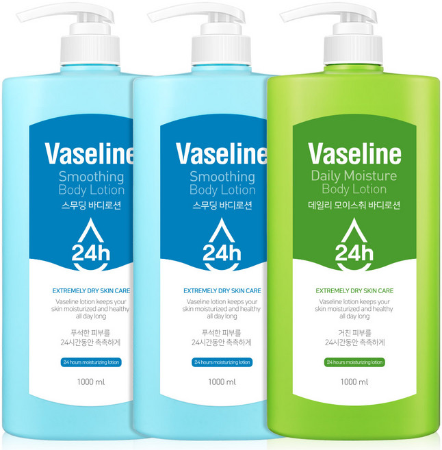 바세린 24h 고보습 대용량 바디로션 스무딩 1000ml 2개 + 데일리 1000ml 1개 세트