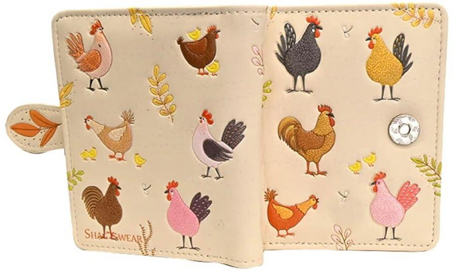 Shag WEAR 이어 Chicken Farm 소형 지갑 비건 인조 가죽 농장 암탉 디자인 컴팩트 지갑 카드 슬롯 신분증 창 지퍼 동전 포켓 11.4cm4.5인치 베이지