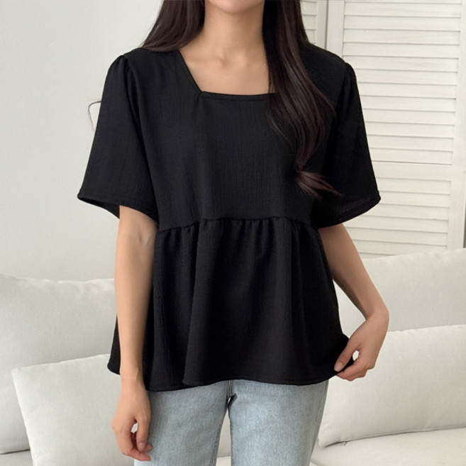 마이쏭 여성 빅사이즈 루즈핏 여름블라우스 반팔 블랜드스퀘어프릴블라우스