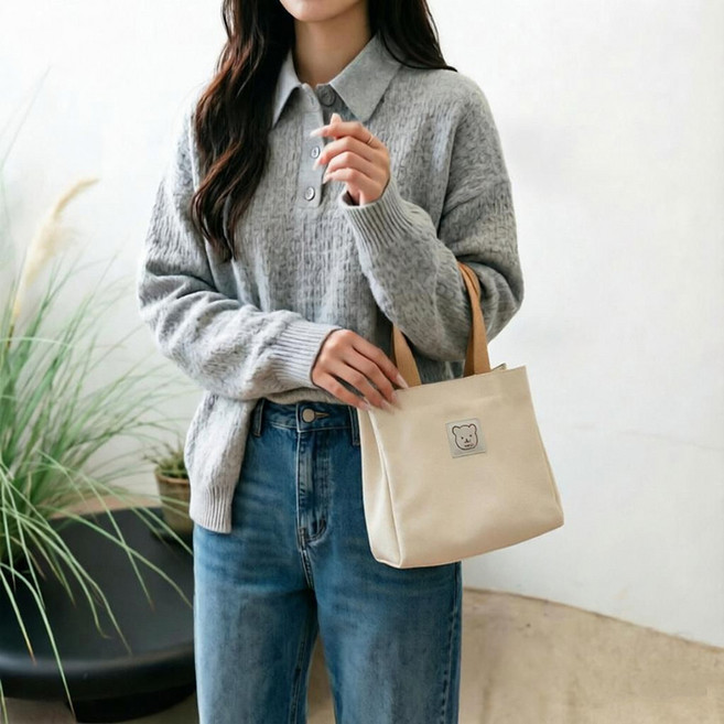 HERON 귀여운 곰돌이 캔버스 도시락가방 맘스백 다용도 수납 직장인 학생용