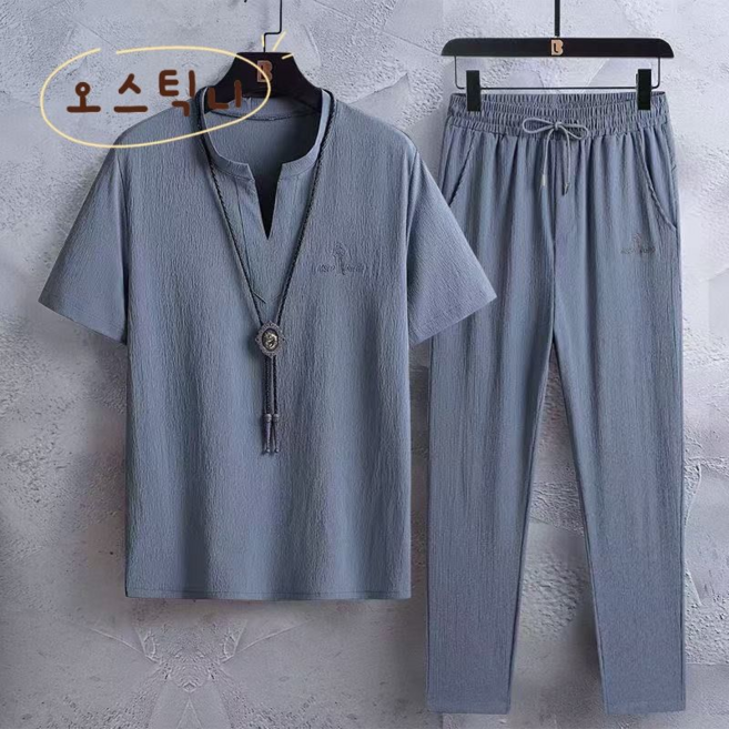 오스틱니 남성 초특가 아이스 실크 여름 캐주얼 데일리 빅사이즈 반팔 티+반바지 세트