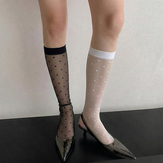 [1+1 세트] 여성 시스루 도트 반스타킹 니삭스 무릎 망사 스타킹 얇은 여름 땡땡이 발레코어 롱 양말