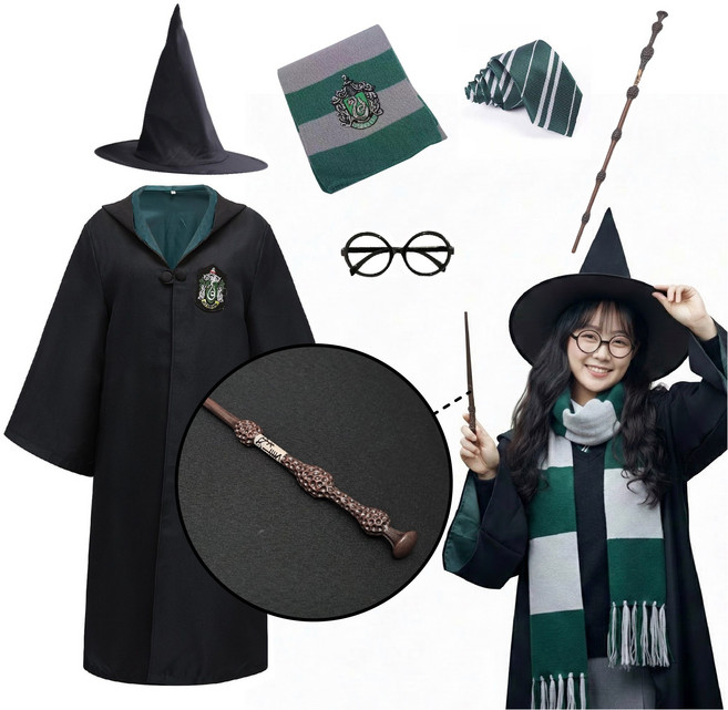 [청춘교복] 고퀄리티 해리포터 덤블도어 지팡이 6종세트 로브+머플러+수동무지타이+안경+지팡이+모자 코스프레 할로윈 마법사 졸사 졸업사진