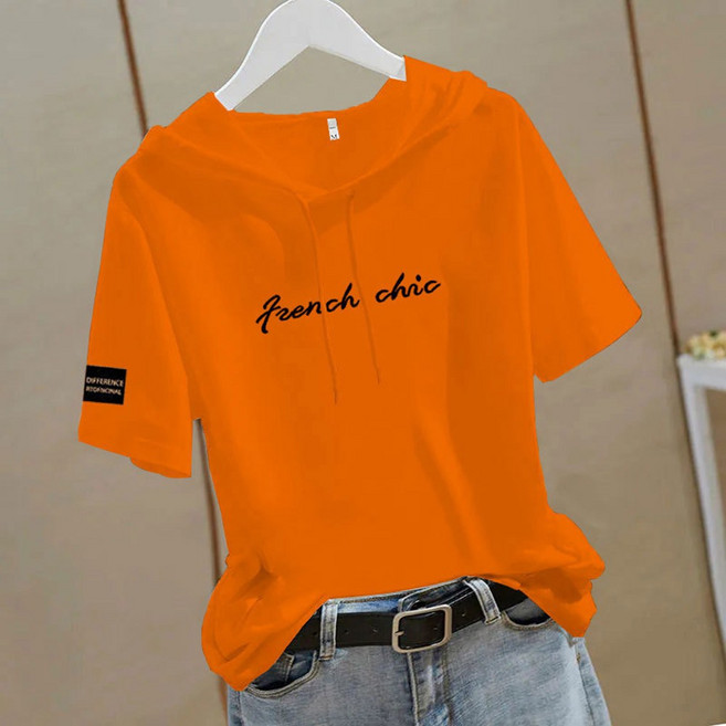 자칠 여성 여름 반팔 후드 티셔츠 루즈핏 캐주얼 스타일 패션 스타일리시