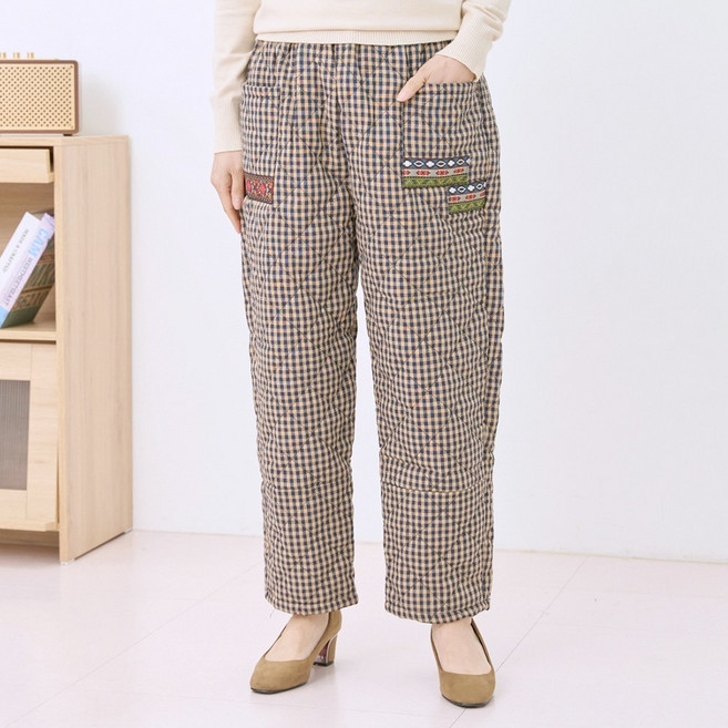 엄마옷마드레 면 체크 솜 배기 바지 겨울 패딩 방한 누빔 기모 4060 빅사이즈