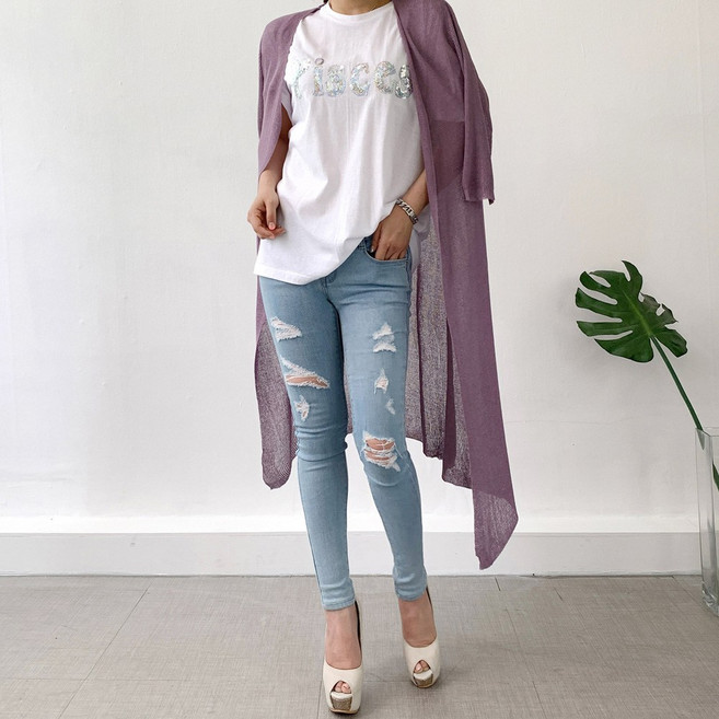 네모엔룩 쿨니트롱 여성용 데일리 여름 7부소매 루즈핏 니트 오픈형 샤이닝 롱 가디건