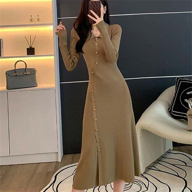 besteffie 여성용 단추 장식 니트 원피스 가을 겨울 앞트임 루즈핏 도톰한