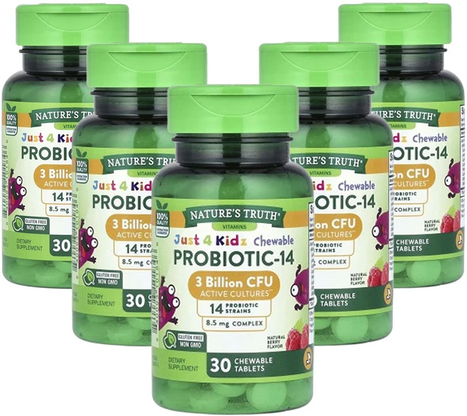 네춰스 트르스 Just 4 Kidz 츄어블 프로바이오틱-14 천연 베리 30억 CFU 30츄어블 정제, 30정, 5팩 - 쿠팡