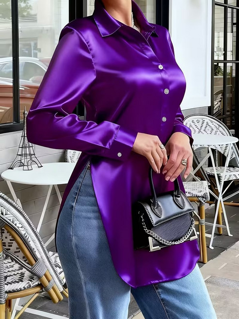 【顯瘦不規則】緞面襯衫 女襯衫 長袖襯衫 雪紡襯衫 襯衫女 春秋上衣 垂感緞面 通勤百搭 法式復古設計