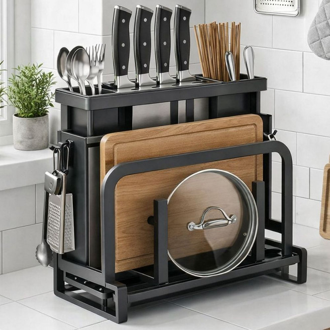 우남 리빙 물빠짐 칼꽂이 수저통 도마거치대 조리도구 정리, 1개, 그레이