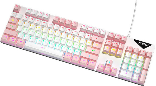 FOREV 레인보우 LED 기계식 유선 게이밍 키보드 FV-Q302, 화이트 핑크, 청축