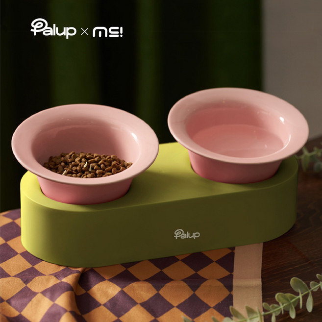 팔업 강아지 고양이 밥그릇 목보호 식기 세트 2구, 1개, 올리브 핑크