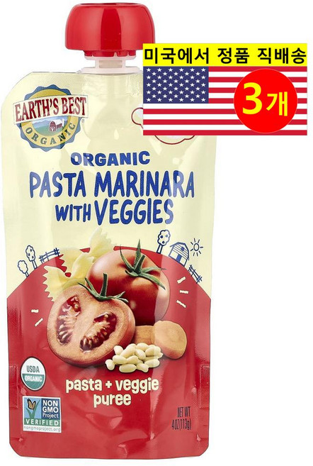 Earth's Best 7개월 이상 유아용 맛있고 영양이 풍부한 오가닉 퓌레 이유식 파우치 113g 3개