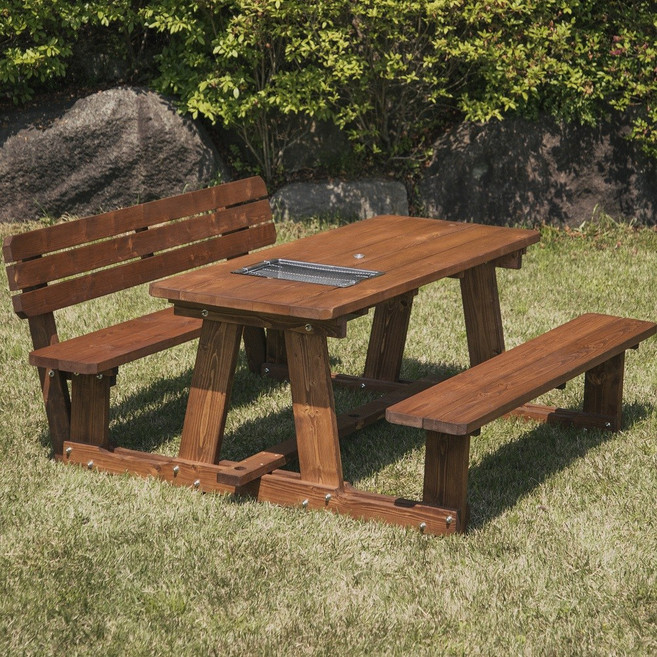 100% 통원목 바베큐그릴 일체형 야외 테이블 (발걸림 없는 개방형), 6~8인 개방_한쪽등받이_바베큐형_무도색