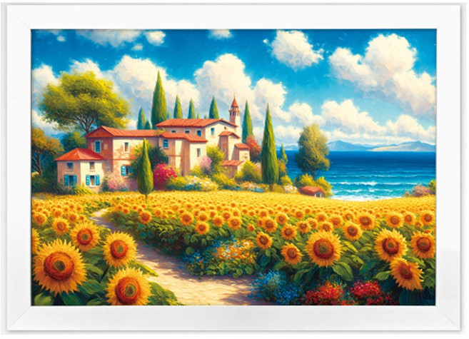 해변마을의 해바라기 꽃밭 1000피스 직소퍼즐액자 LP10-1004, 1개, 퍼즐+우드화이트액자