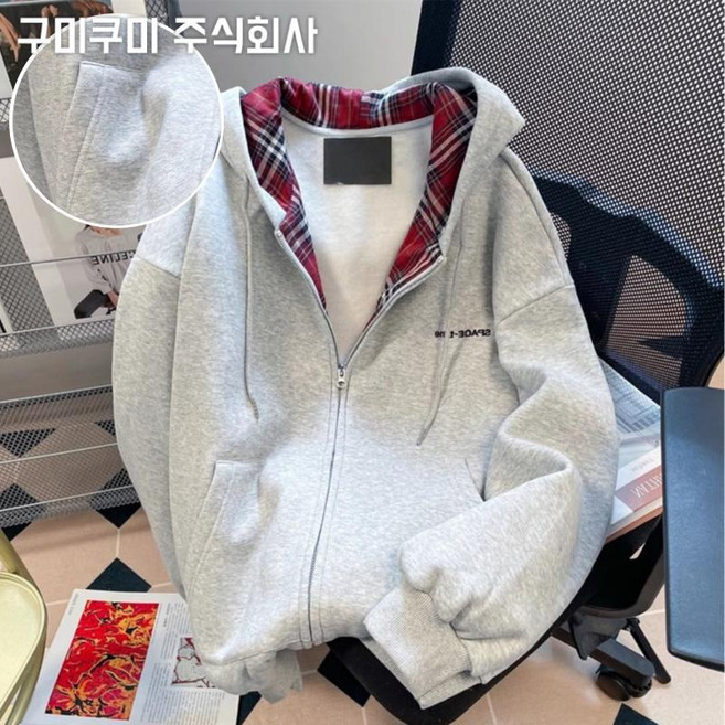 빅사이즈 남녀공용 체크 디자인 후드집업 면 기모 아메리칸 빈티지 커플 후드 패션 이어붙이다 코디하기 좋은 나른한 루즈핏 집업 캐주얼 스트링 포켓 부들부들 박스 3xl 레터링 맨투맨