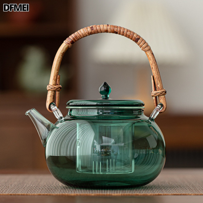DFMEI 玻璃燒水壺煮茶壺電陶爐大容量耐高溫泡茶家用茶爐套裝, A-71 竹藤茶壺 (青色), 如圖, 1個