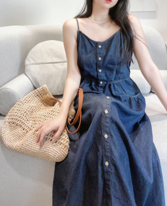 LionHu 여성 데일리 버튼업 데님 롱원피스 끈나시 뷔스티에 스타일 여름 나시 청원피스