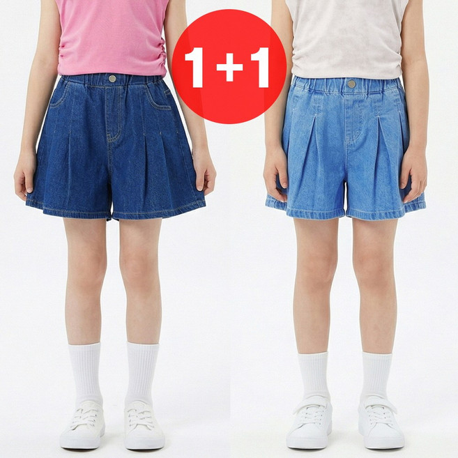 지디오 주니어 여아 플리츠 청반바지 2개 세트 밴딩 데님 숏 팬츠 여름 초등학생 하의