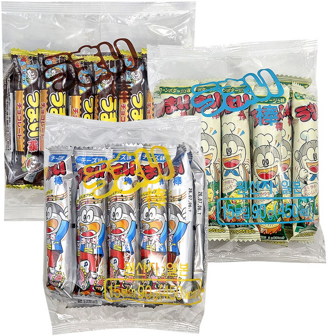 우마이봉 3종 콘스프맛 15개 + 치즈맛 15개 + 초코맛 15개