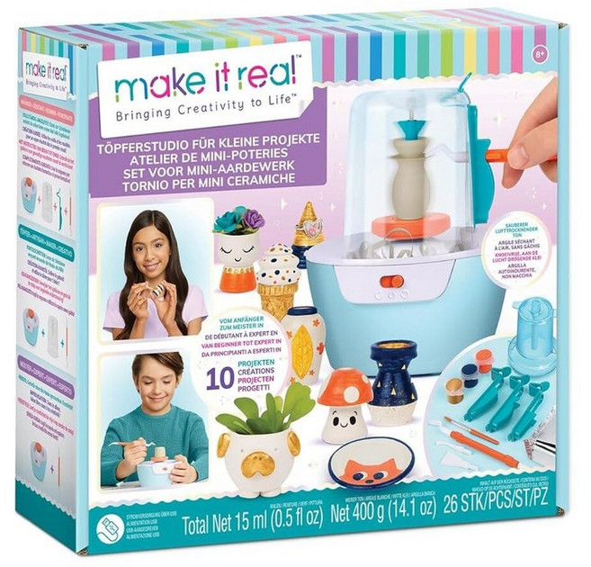 Make It Real Mini Pottery Studio - 26피스 DIY 도자기 키트 지저분해지지 않는 공기 건조 점토 포함 10개의 미니어처 프로젝트 만들기 초보자부, 표준